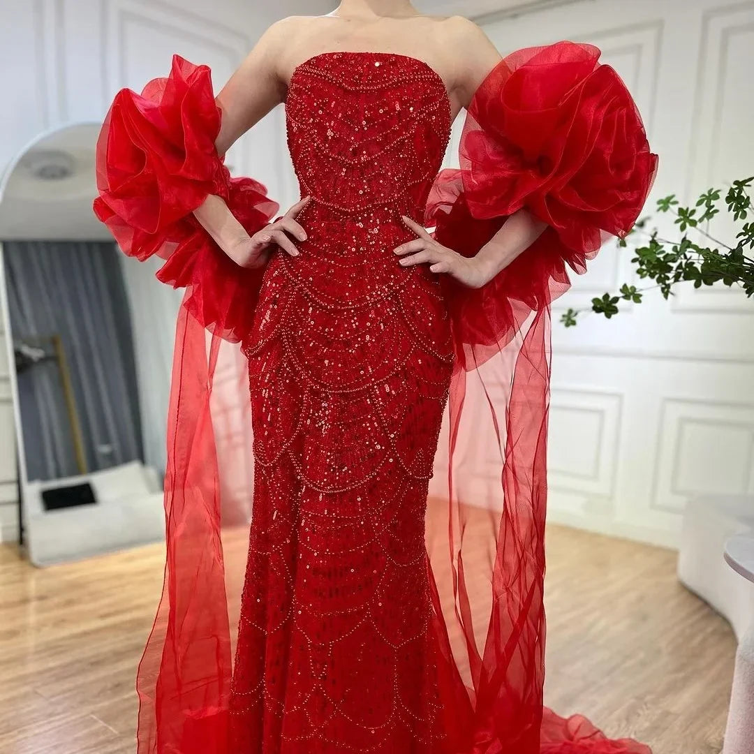 Zapdress Red Strapless Mermaid Pearls Beaded Evening Dress with Cape Wedding Party Gowns for Women DLA72585 Customized (ZD17266) - VelvetHem