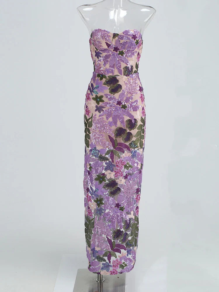 Floral - Embellished Sequin Lavender Ankle Length Dress