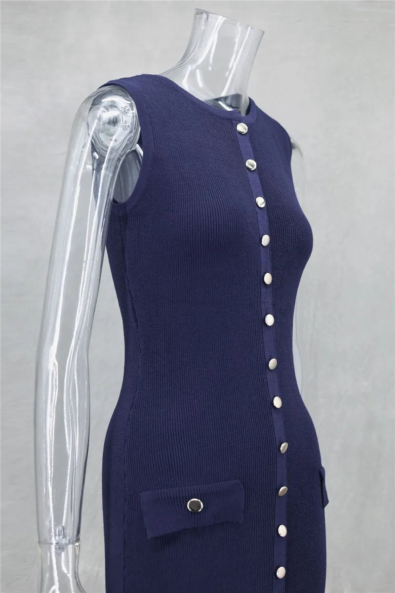 Knit Maxi Dress with Pockets Button - Front