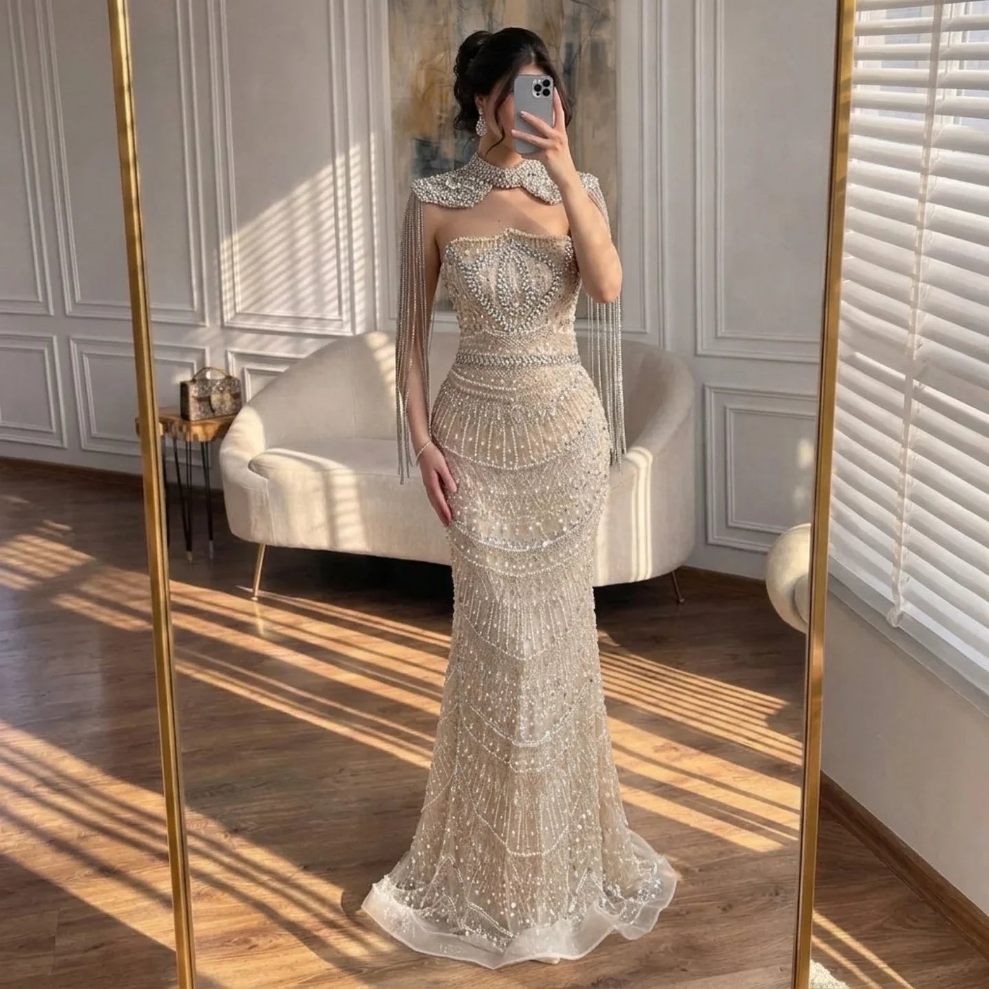 Zapdress Luxury Beaded Mermaid Evening Dress Elegant Crystal Tassel Cape Celebrity Party Gown Vestidos Customized DLA73450A (ZD17347) - VelvetHem