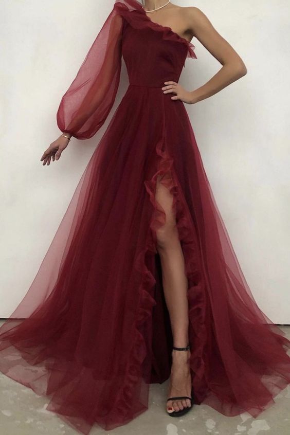 Burgundy tulle prom dress one shoulder evening dress S19581 - VelvetHem