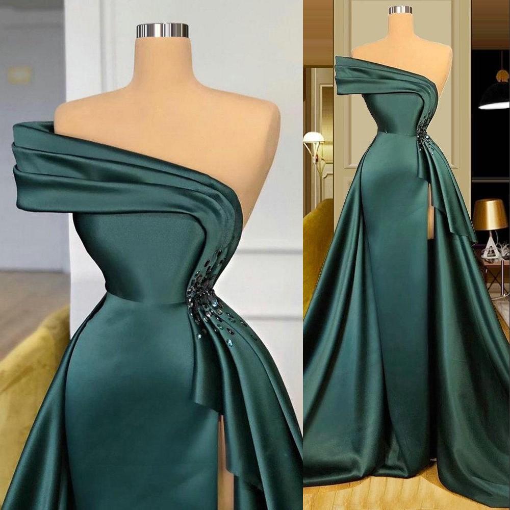 New Long Satin Evening Dresses Wear Elegant Ruched Crystal Beads Split One Shoulder Evening Gowns Formal Women Prom Dresses S23314 - VelvetHem