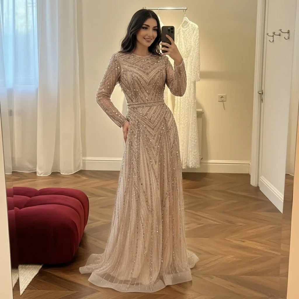Zapdress Nude Crew Neck A-line Long Sleeves Evening Dress Beaded Wedding Party Gowns for Women 2026 Customized (ZD17382) - VelvetHem
