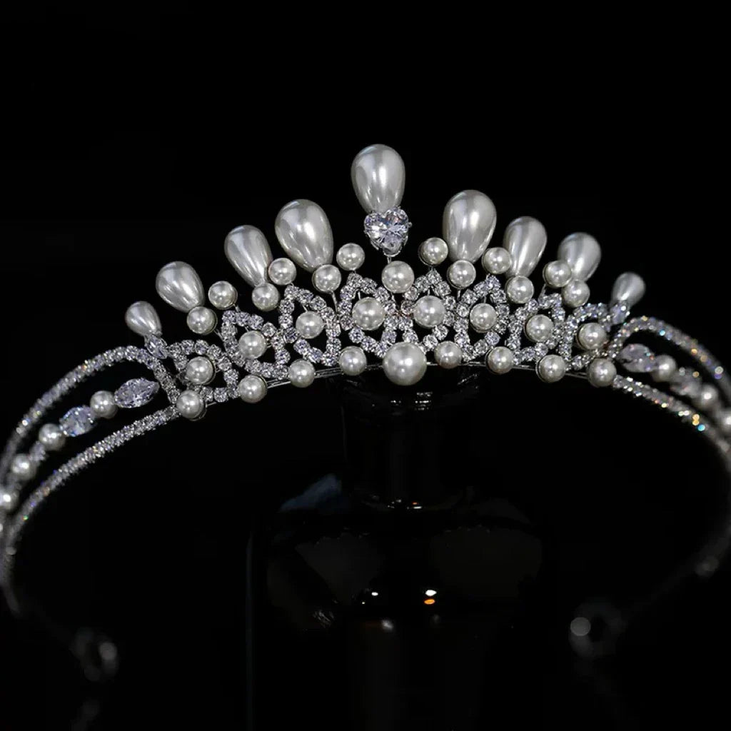 Crystal Pearl Tiaras and Crowns Set Zirconia Diadem For Bride Princess Queen Headband Bridal Hair Jewelry Wedding Accessories
