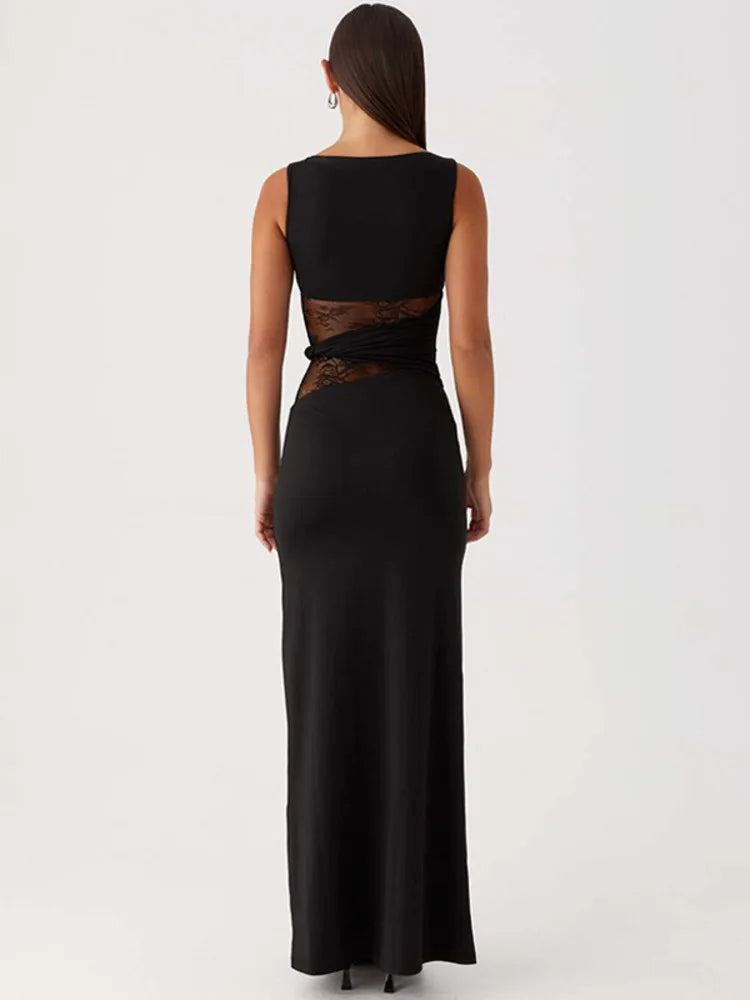 Sheer Lace O Neck Bodycon Long Tank Dress