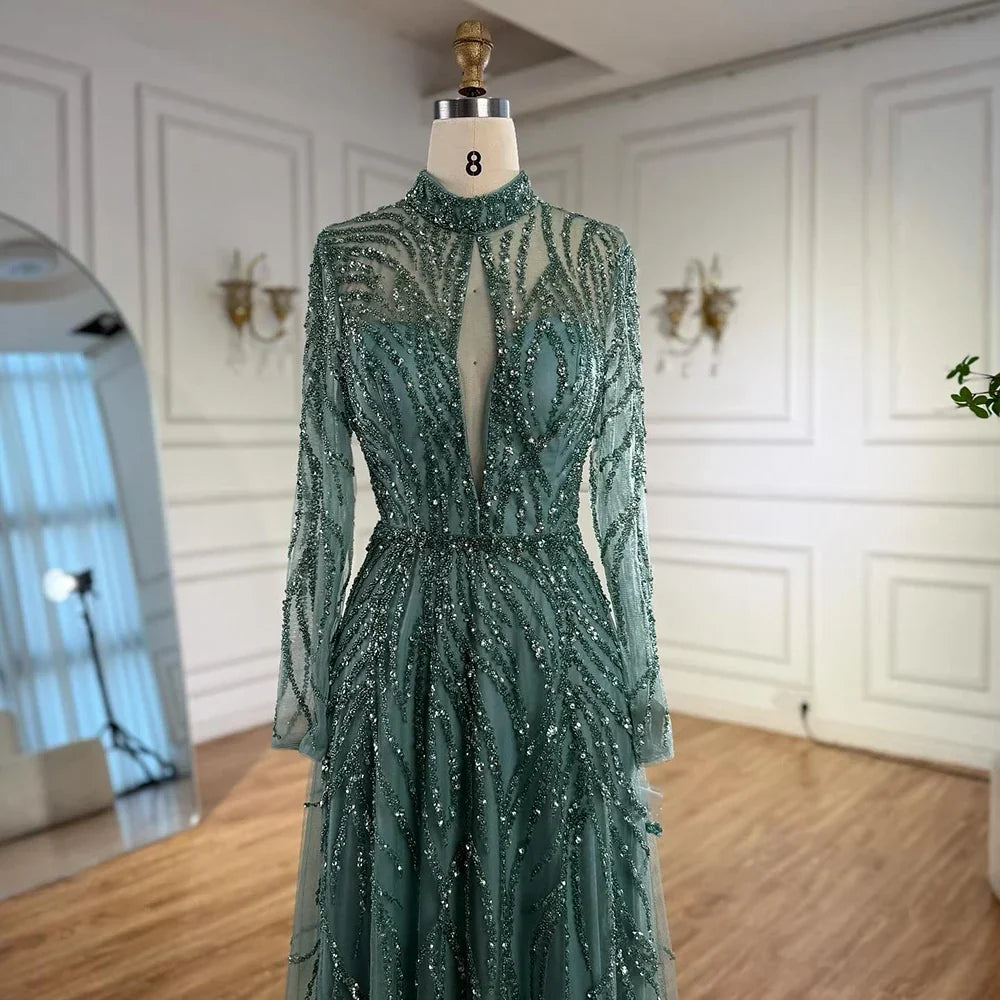 Zapdress Customized Elegant Turquoise A Line Evening Dress with High Neck Beaded Design for Women Formal Party Gown DLA71682A (ZD17384) - VelvetHem