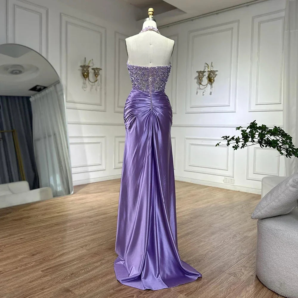 Zapdress Customized 2025 Lilac Halter Side Slit Mermaid Evening Gown Wedding Party Bridesmaid Dress for Women (ZD17315)