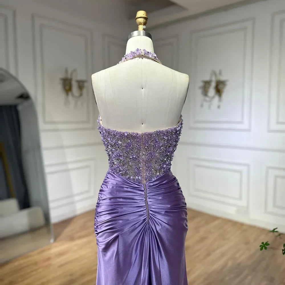 Zapdress Customized 2025 Lilac Halter Side Slit Mermaid Evening Gown Wedding Party Bridesmaid Dress for Women (ZD17315)