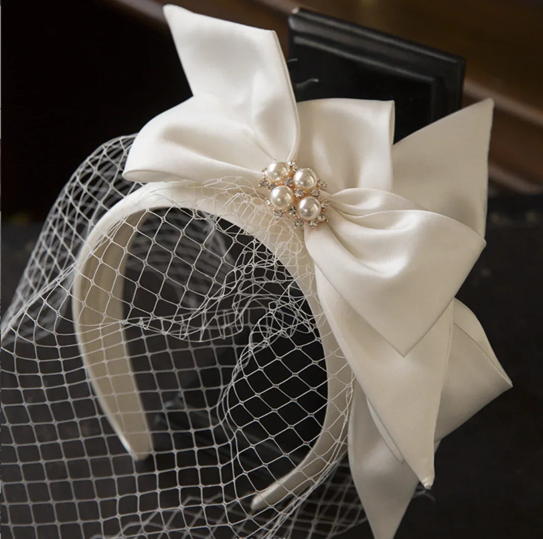 Vintage Bridal Headbands Wedding Party Fascinator Veil Women Satin Bowknot Hairband With Face Veils For Bride Headdress Headwear WHITE
