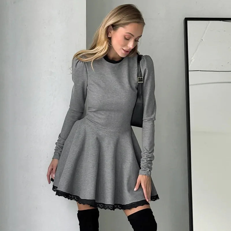 Patchwork Gray Long Sleeve A - line Mini Dress