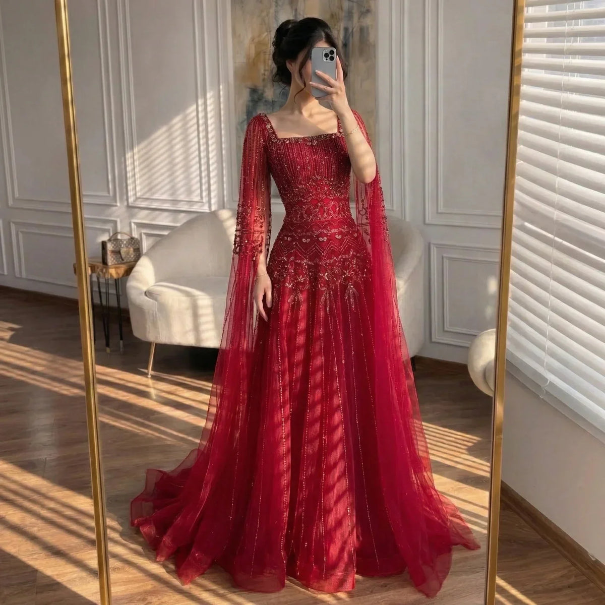 Zapdress Red Square Collar A-Line Beaded Evening Dress with Cape Sleeves 2026 Party Gowns for Women DLA73089A Customized (ZD17190) - VelvetHem