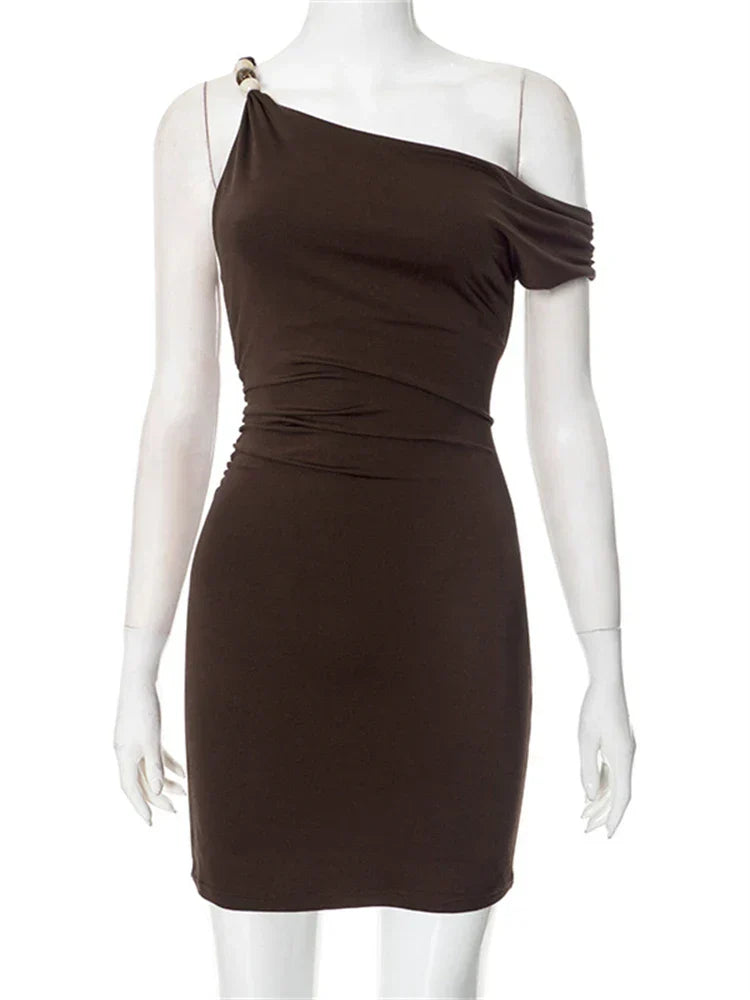Beaded Asymmetric Slant Neck Mini Dress
