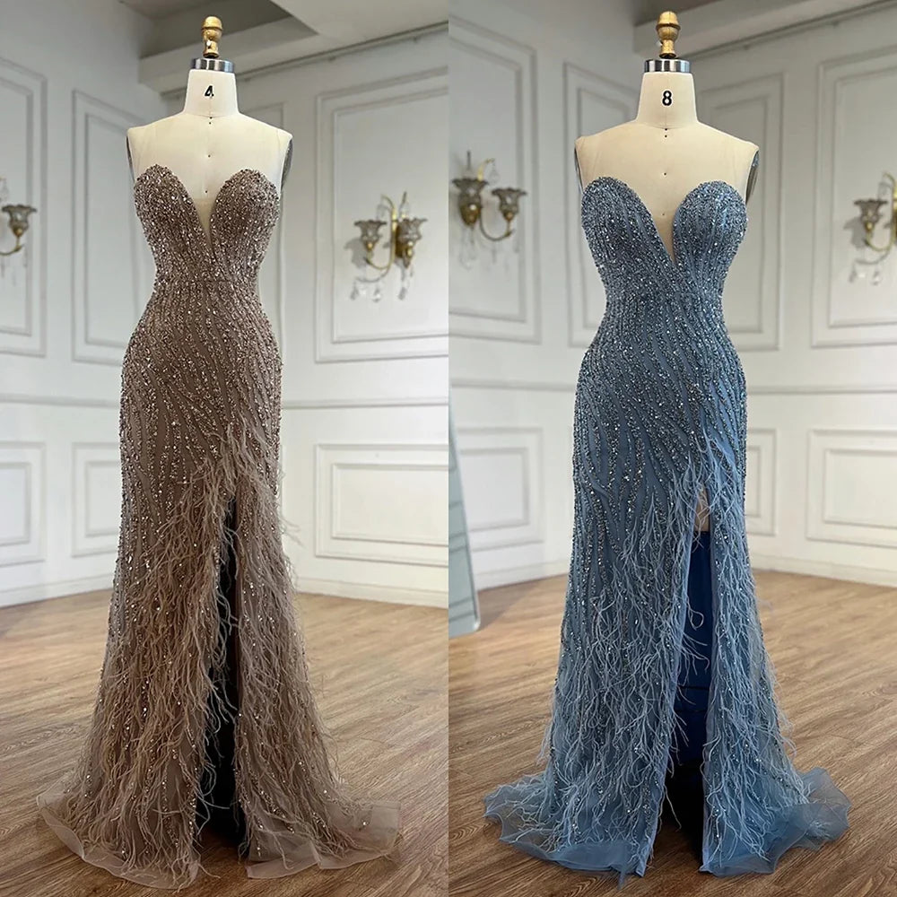 Zapdress Customized 2025 Strapless Blue Luxury Beaded Feathers Slit Open Evening Party Gowns for Women (ZD17371)