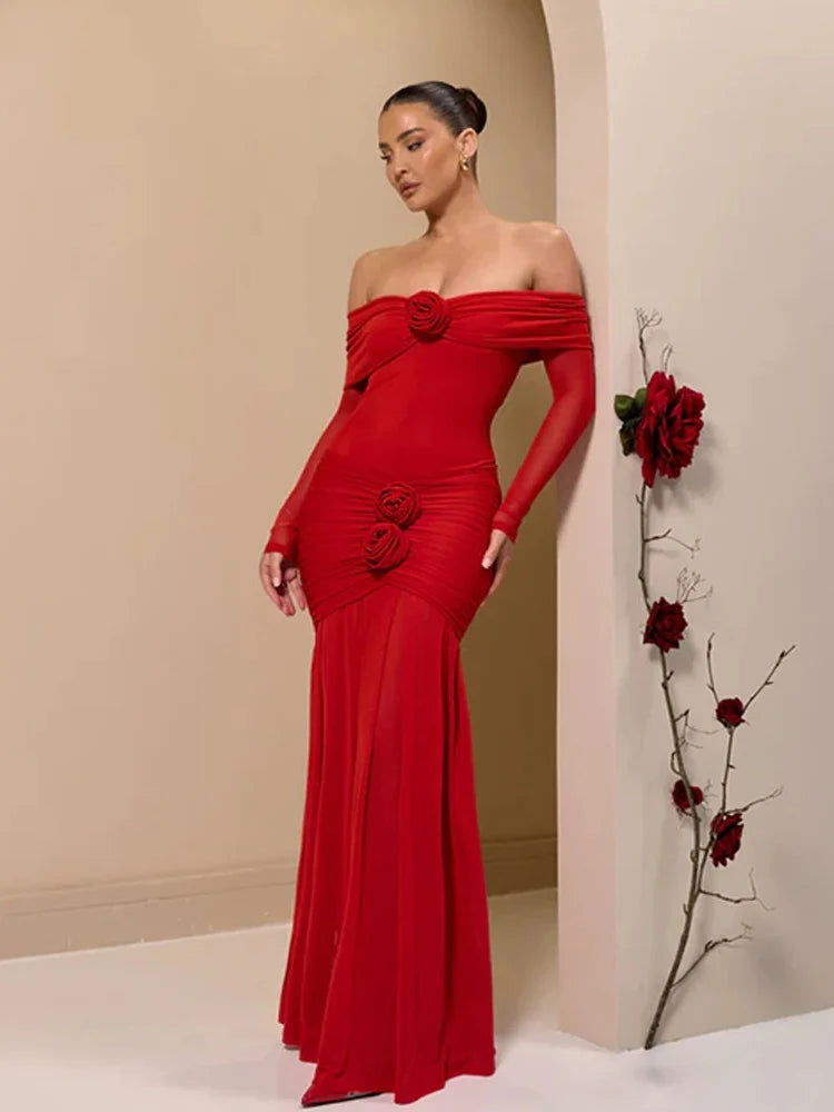3D Flower - appliqué Mesh Long Sleeve Fishtail Maxi Dress