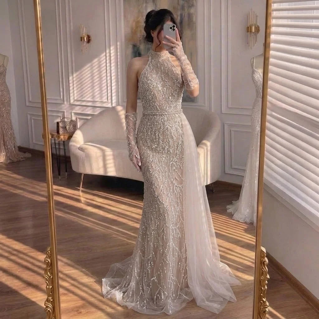 Zapdress White Nude Pearls Halter Mermaid Evening Gowns with Gloves Formal Party Dresses for Women 2026 Customized DLA72345F (ZD17349) - VelvetHem