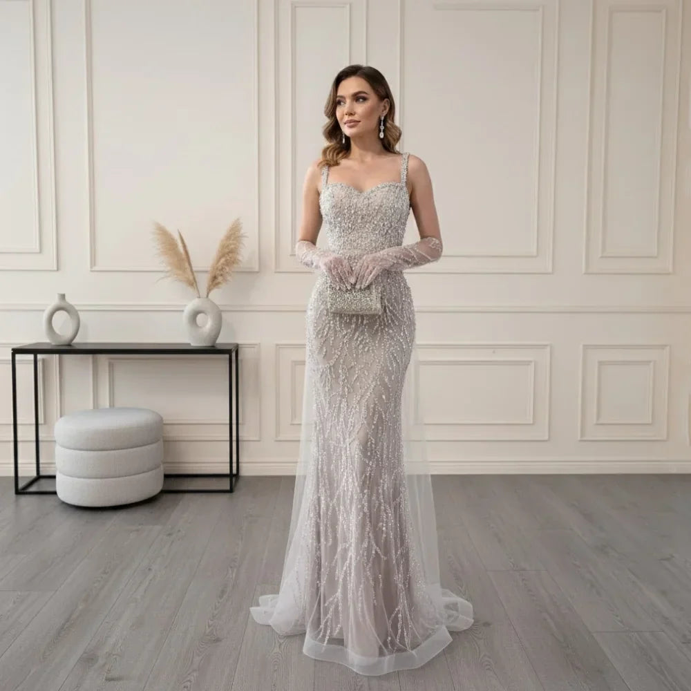Zapdress White Nude Mermaid Pearls Evening Dresses with Gloves Wedding Party Gowns for Women 2026 Customized DLA72345E (ZD17304) - VelvetHem