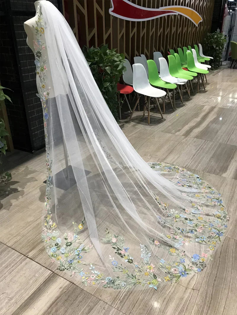 Colorful Flower Wedding Veil Hand Made Lace Bridal Veil Perfect for Outdoor, Garden, or Themed Ceremonies.