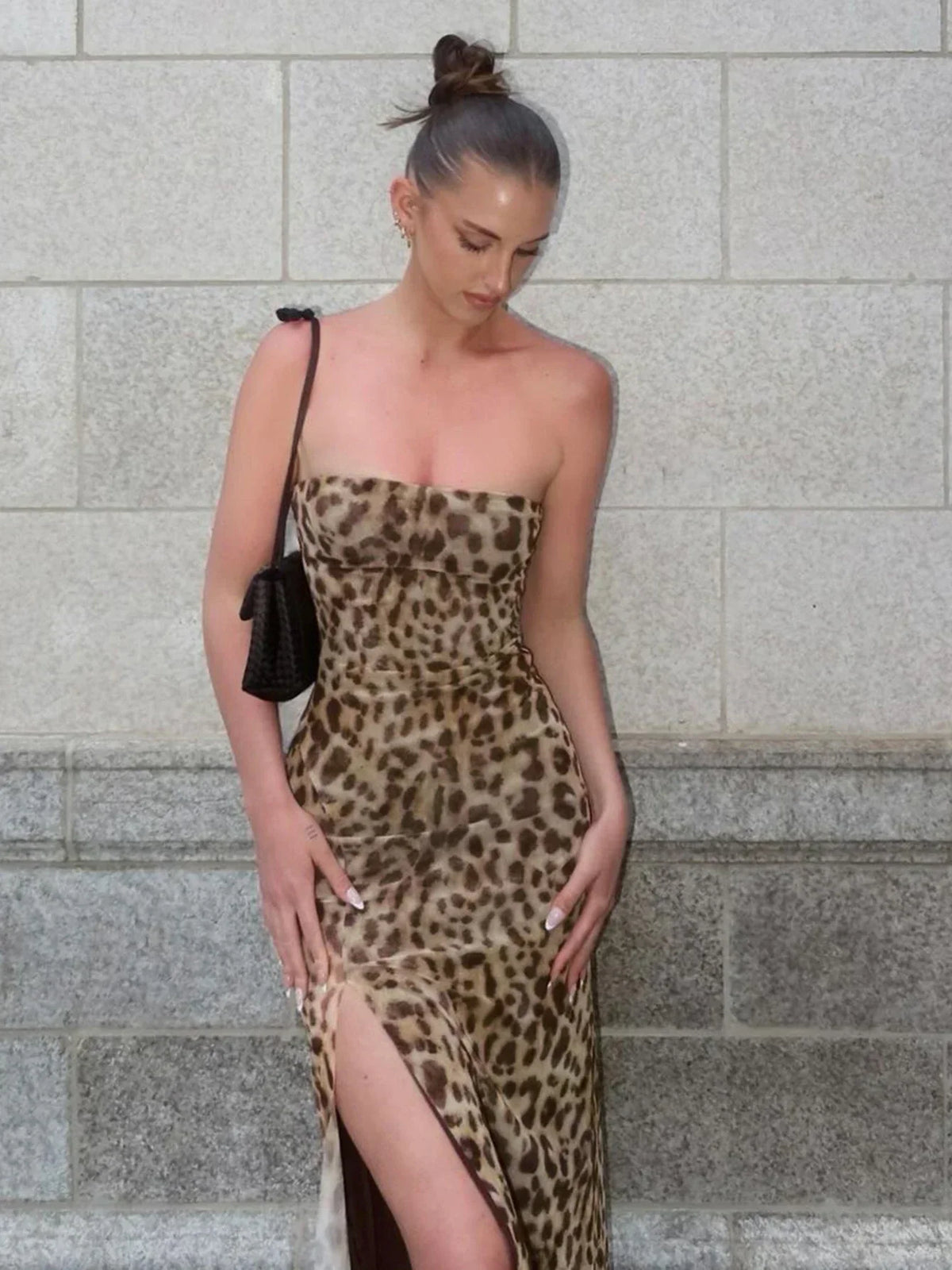 Leopard Strapless Slit Maxi Dress - VelvetHem