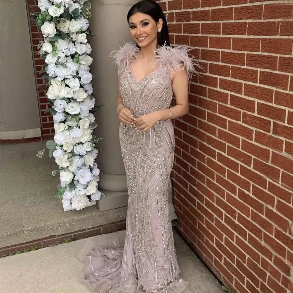 Zapdress Customized Lilac Feathers Beaded Mermaid Evening Dresses 2025 Elegant Party Gowns for Women (ZD17297) - VelvetHem