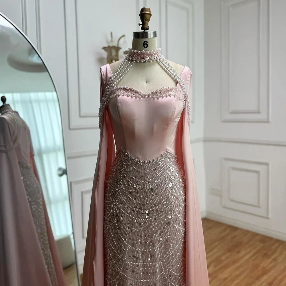 Zapdress DLA73051 Pearls Beaded Blue Mermaid Evening Dress with Cape 2025 Elagent Party Gowns for Women Customized (ZD17378)