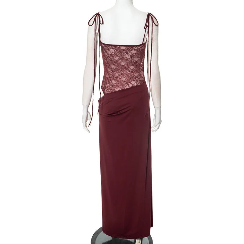 Spaghetti Strap Sheer Lace Hollow Out Long Dress