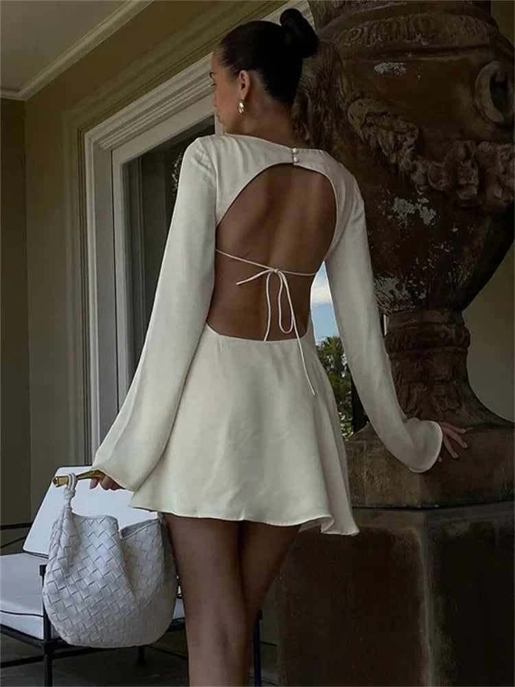 Elegant Backless Lace - Up Satin Party Mini Dress