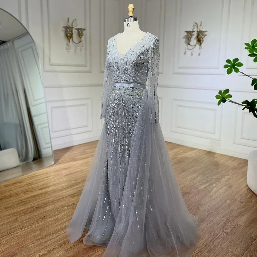 Zapdress Customized Turquoise Long Sleeves Mermaid Beaded Evening Dresses Overskirt Party Gowns For Women DLA72239A (ZD17191)