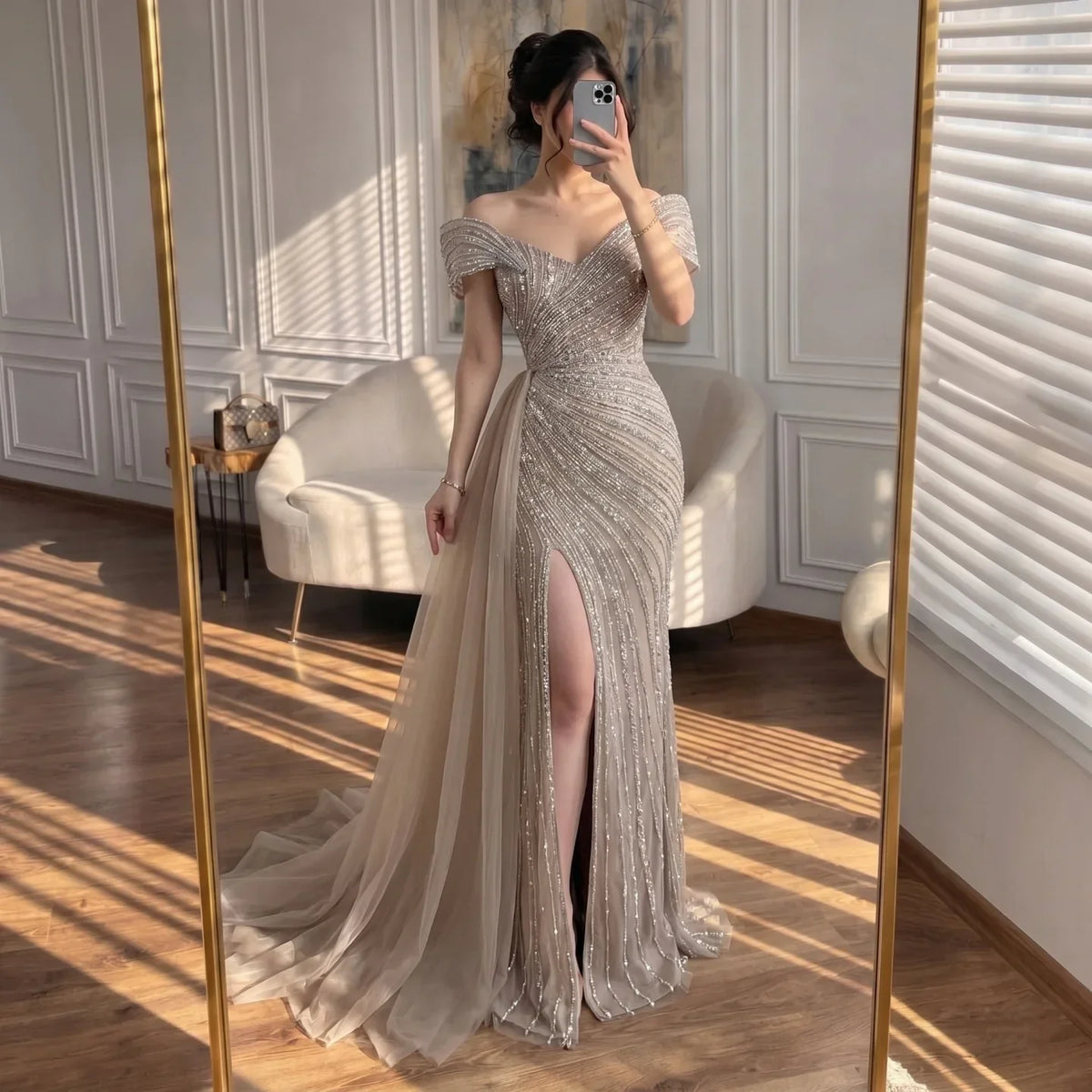 Zapdress Elegant Off Shoulder Mermaid Beaded Party Dress Luxury Split Open Evening Gown with Side Train Customized (ZD17256) - VelvetHem