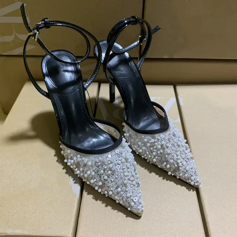 Luxury Pearls Sequined Air Mesh Women Pumps Summer Elegant Pointed toe Slingbacks Thin High heels Fashion Wedding Party Shoes - View 3 | VelvetHem