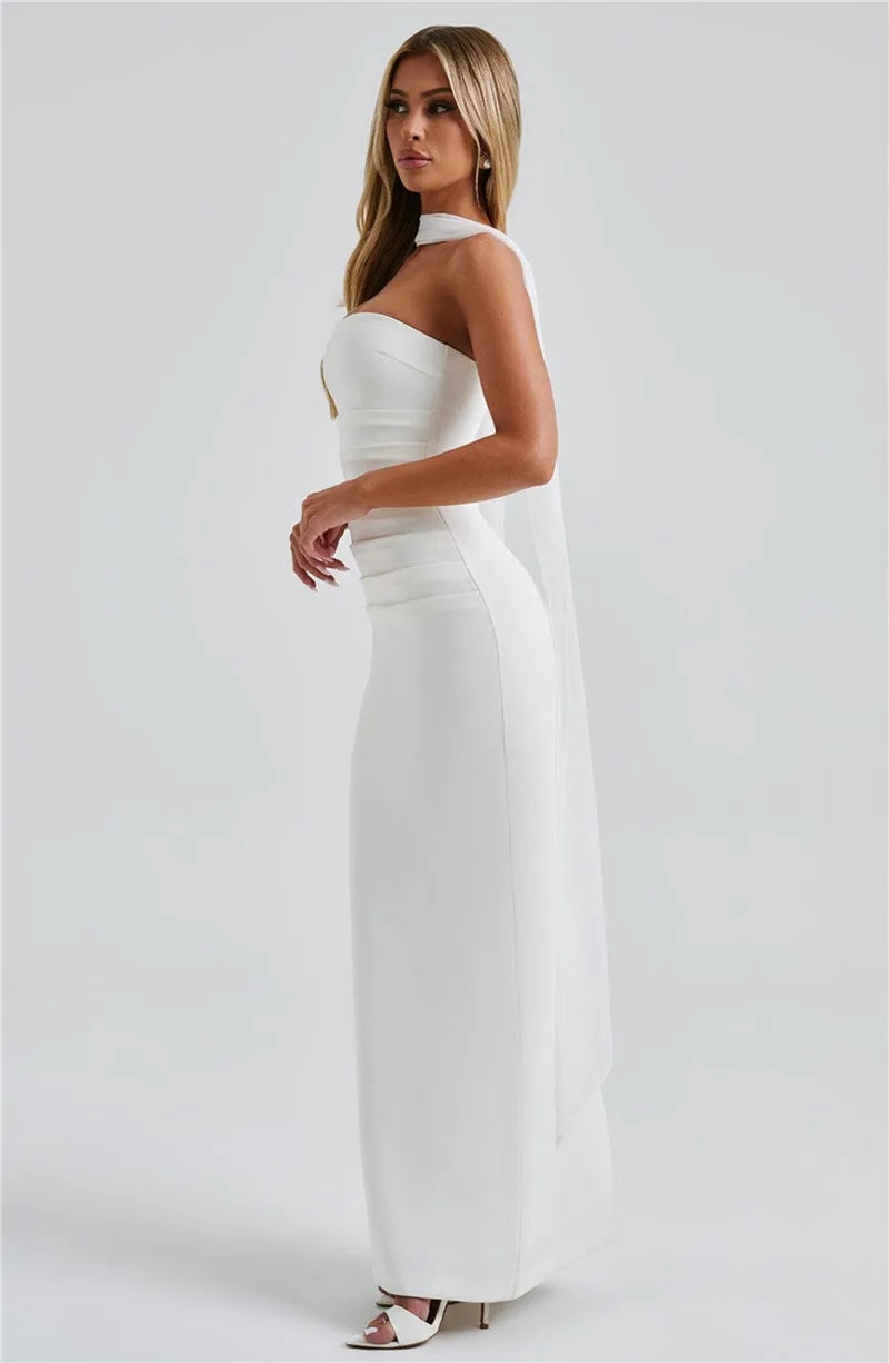 Scarf Collar Strapless Off - shoulder Long Dress