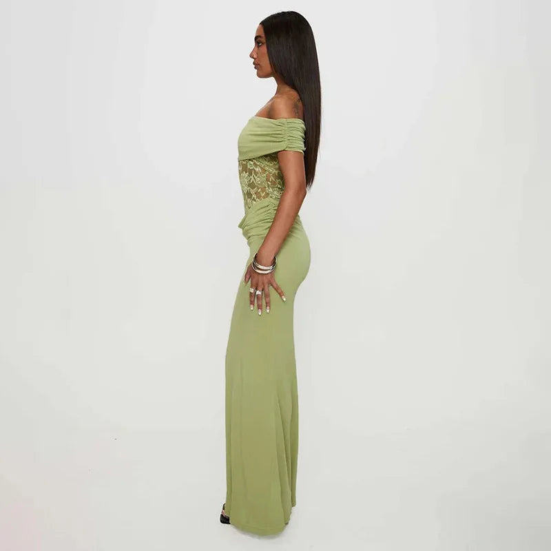 Off - shoulder Strapless Green Lace Sheer Long Dress