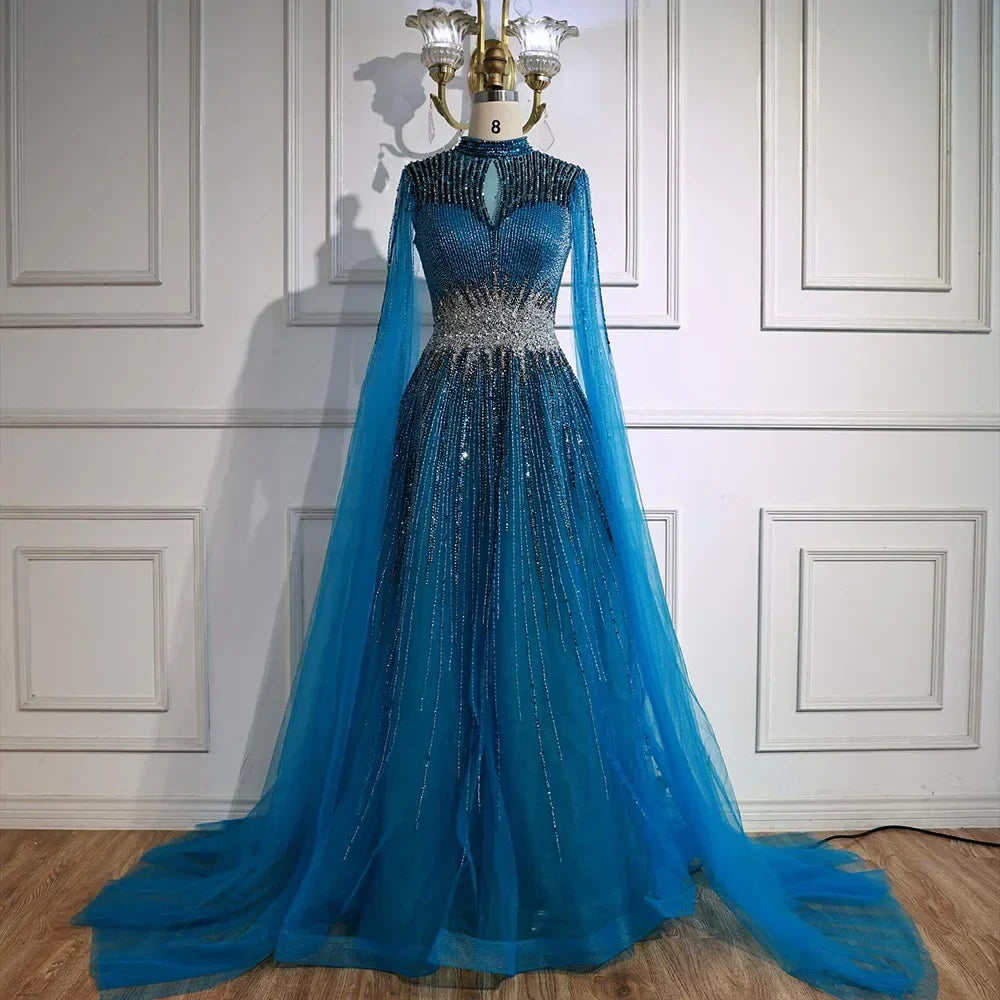 Elegant Modest Blue Beaded Evening Dress with Cape Sleeves Dubai Gown Zapdress 2025 Customized (ZD17239)