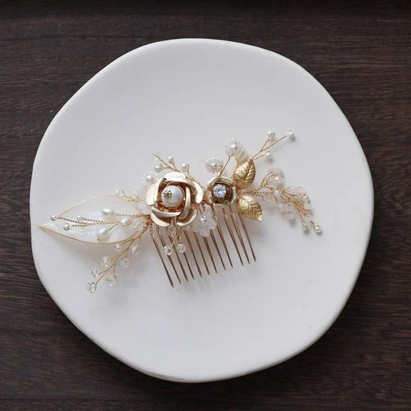 Wedding Accessories Gold Color Hair Comb Pin Pearl Crystal Hairpin Bride Birthday Gift Flower Leaf Head Piece Bridal Jewelry a