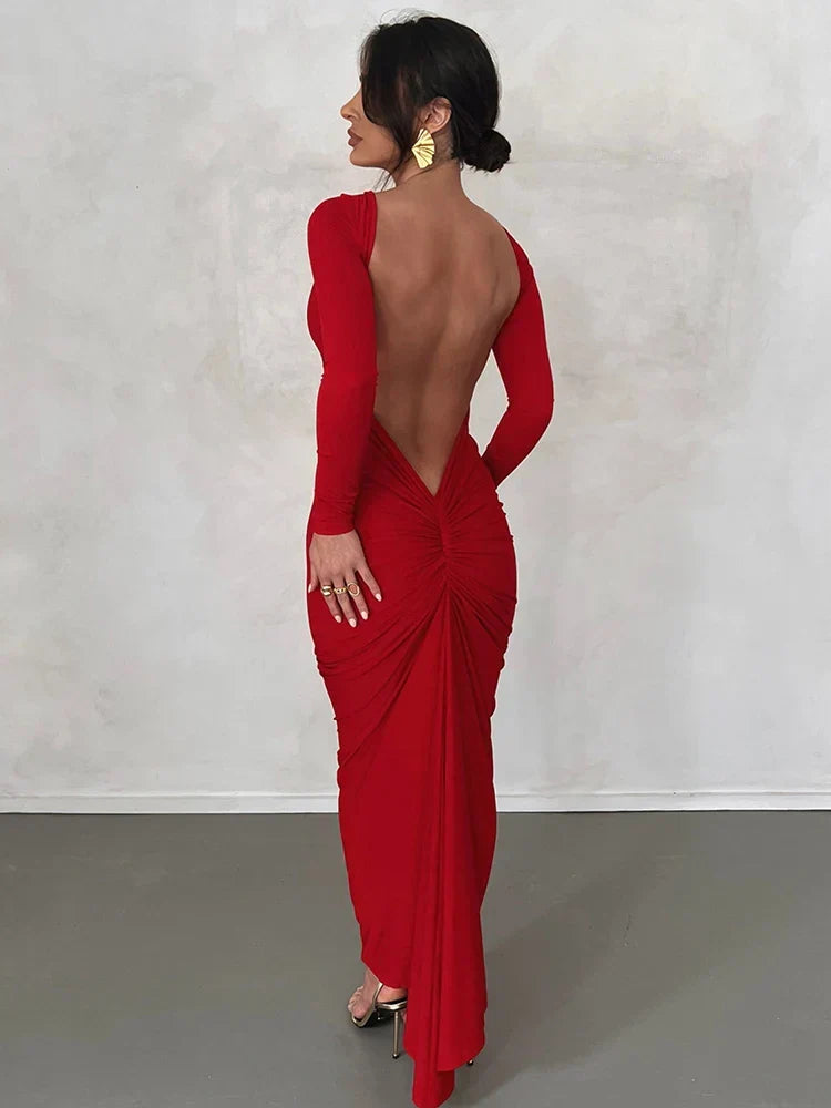 Draped Backless Long Sleeve Maxi Dress - VelvetHem
