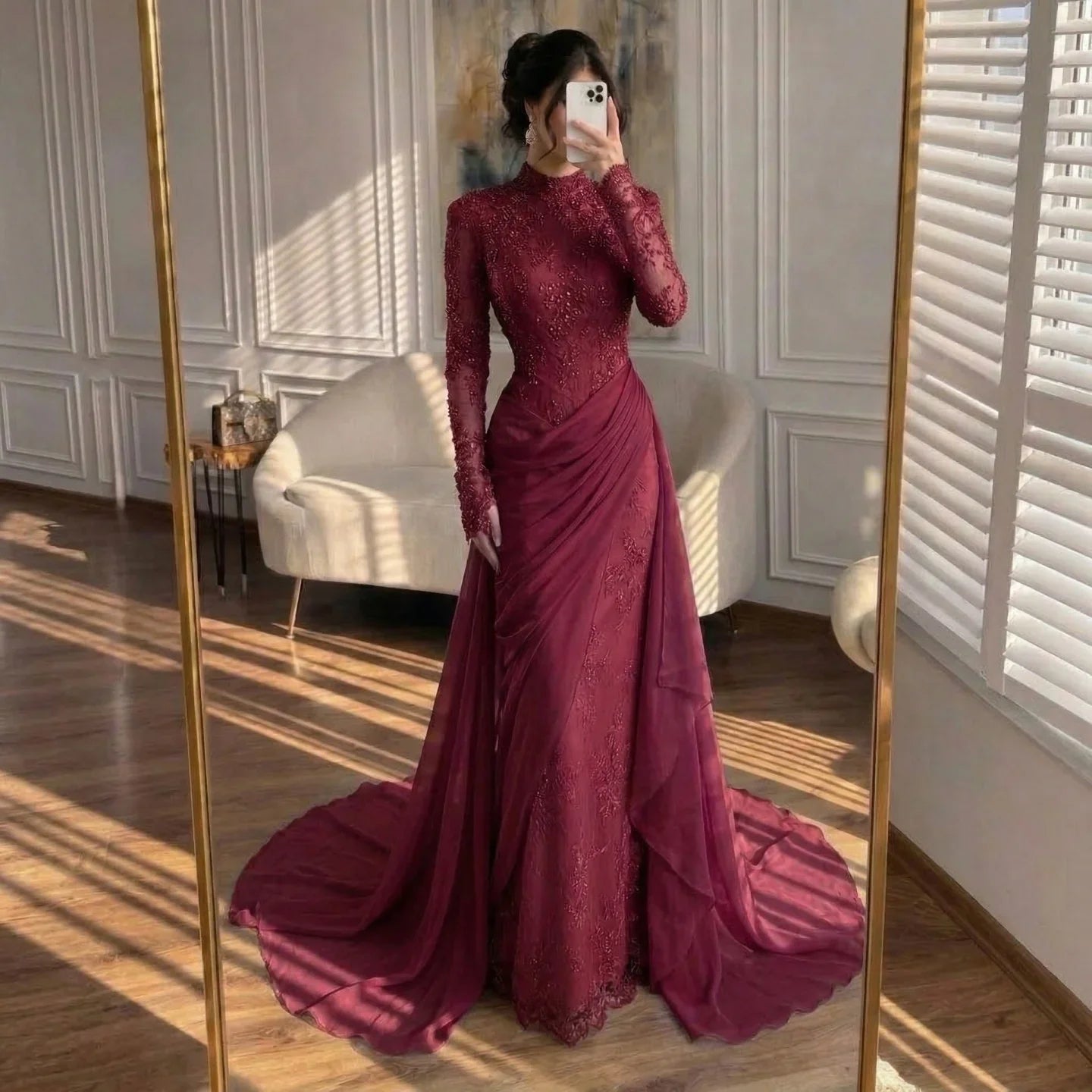 Zapdress Customized Wine Red Mermaid Evening Dresses with Wrap Skirt High-End Lace Formal Party Gowns for Women (ZD17283)