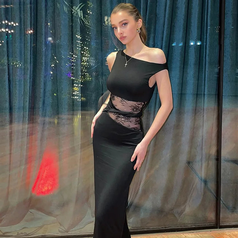 Sheer Lace O Neck Bodycon Long Tank Dress