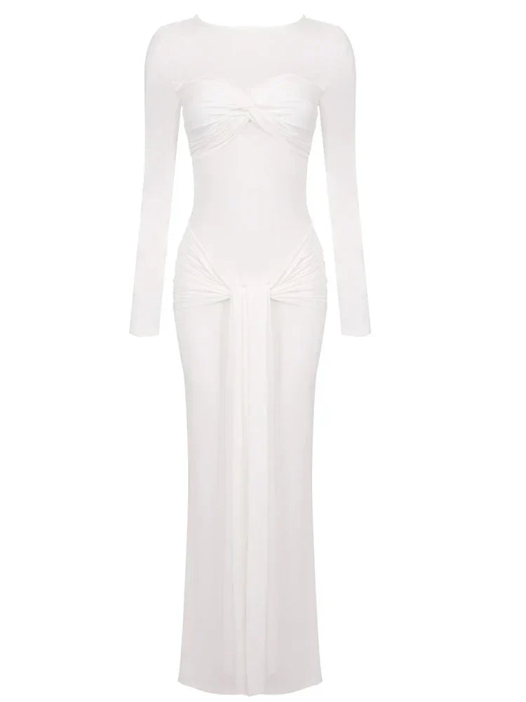 Long Sleeve Pleated Draped Maxi Dress