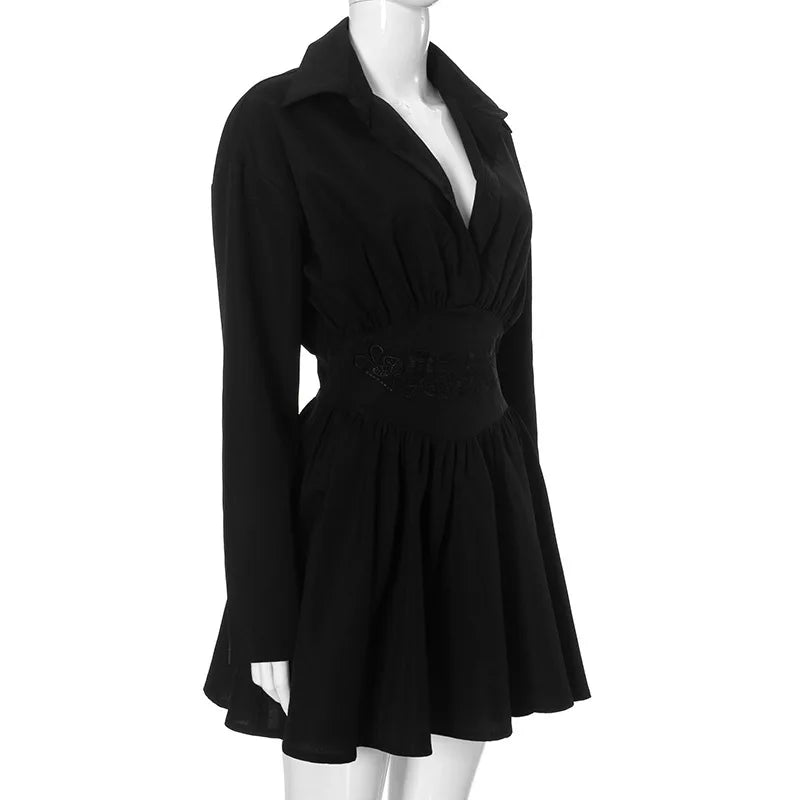 Turn - down Collar Pleated Mini Dress