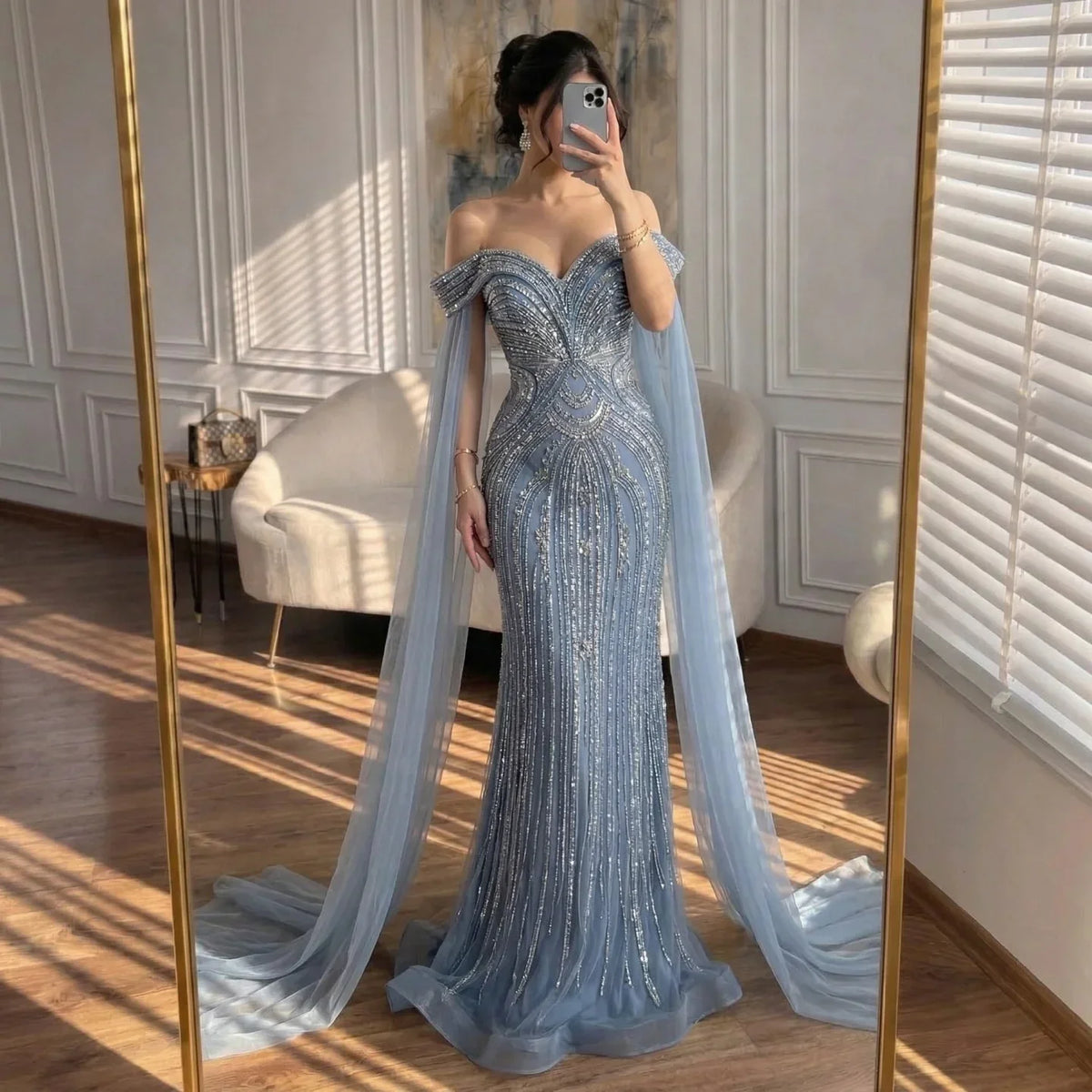 Zapdress Dusty Blue Off-Shoulder Evening Dress Heavy Beaded Mermaid Party Gown with Elegant Cape Sleeves Customized (ZD17286) - VelvetHem