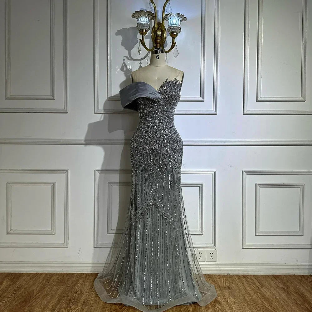 Zapdress 2025 Dubai Grey Mermaid One Shoulder Beaded Long Evening Dresses Gowns For Formal Occasion DLA72650 Customized (ZD17326) - VelvetHem