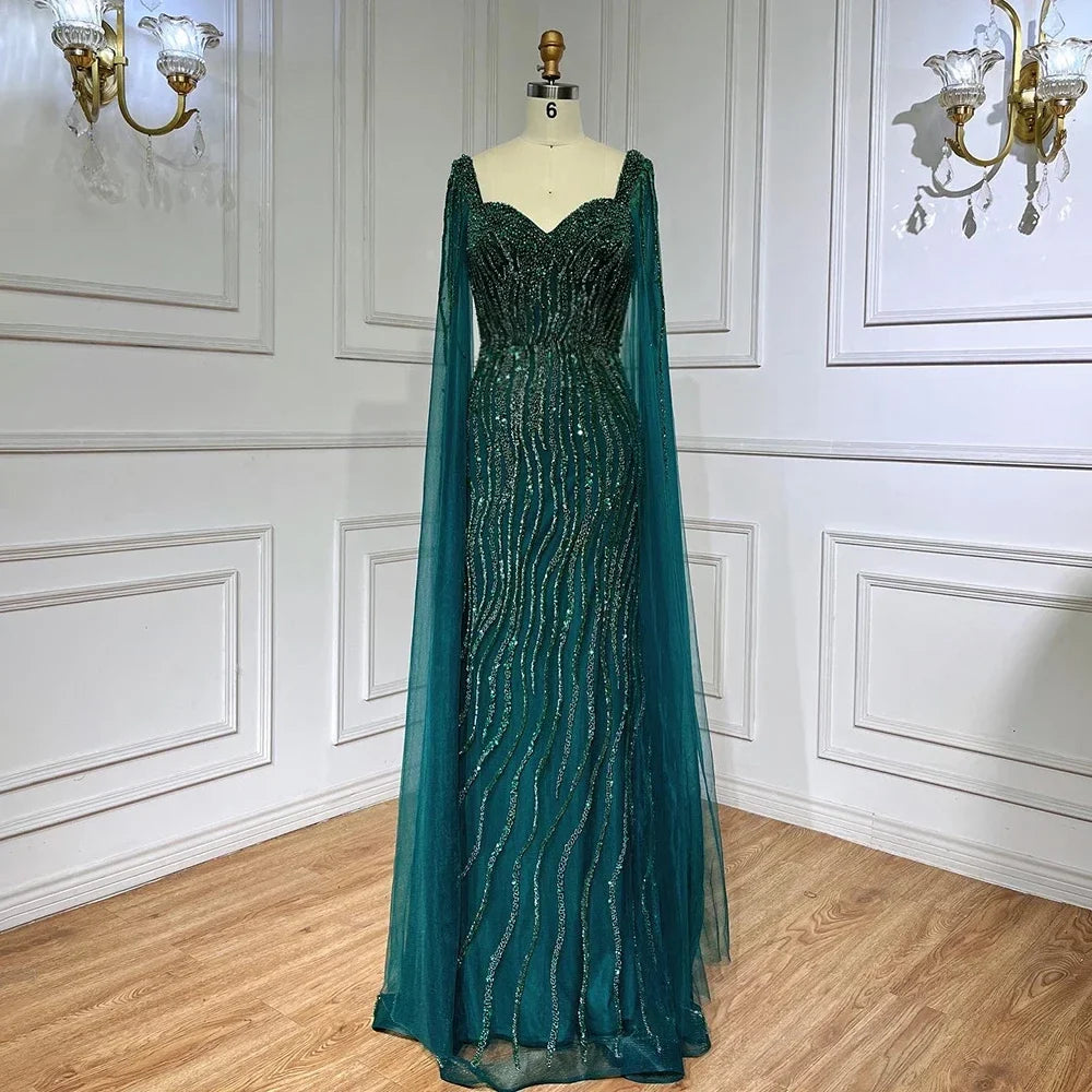 Zapdress Blue Mermaid Beaded Evening Dresses with Cape Sleeves Wedding Party Gowns for Women DLA71715 Customized (ZD17247)