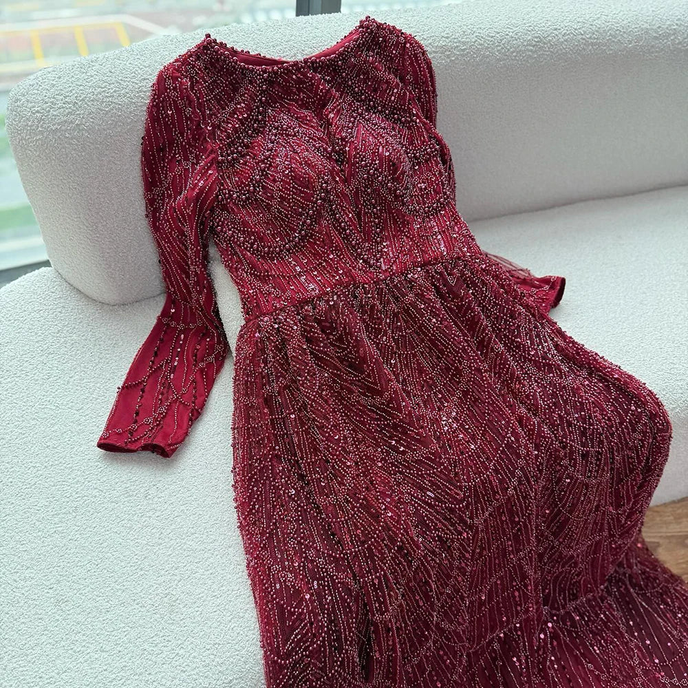 Zapdress Wine Red Long Sleeves Muslim A-line Evening Dress Pearls Beaded Party Gowns for Women Plus Size Customized DLA72738B (ZD17339) - VelvetHem