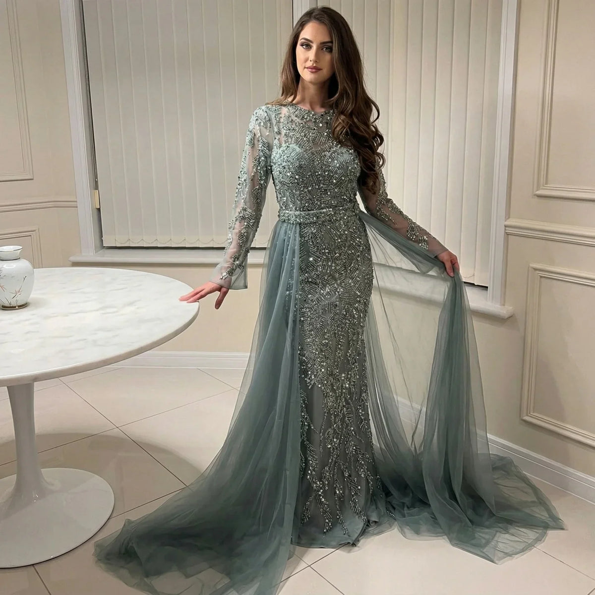 Zapdress Customized Turquoise Mermaid Party Gown Overskirt Beaded Evening Dress for Women Wedding 2024 (ZD17228)