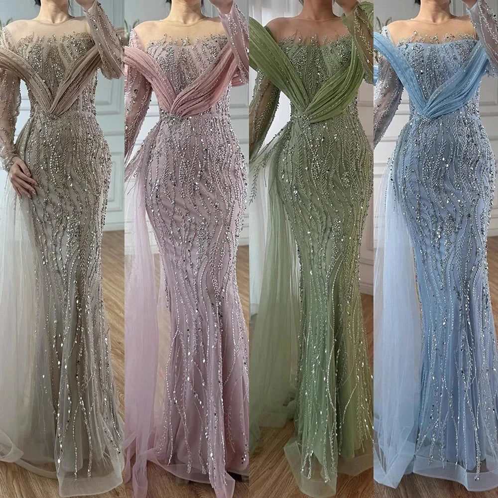 Zapdress Pink Long Sleeves Mermaid Beaded Evening Dresses Elegant Wedding Party Gowns for Women Customized (ZD17195)