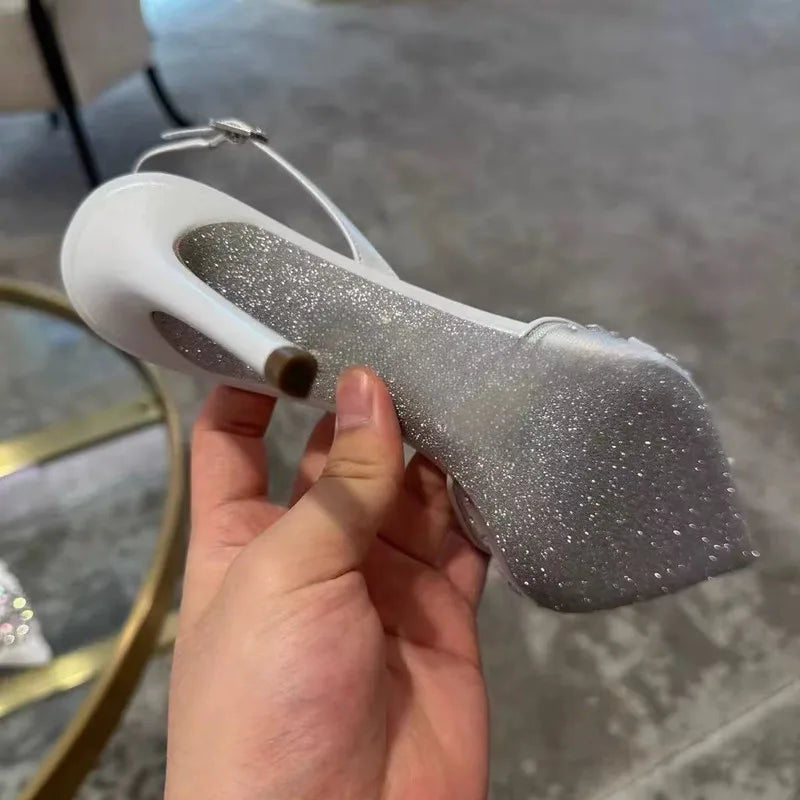 Luxury Diamond Pearls Lace Mesh Women Pumps Elegant Pointed toe Thin High heels Fashion Summer Slingbacks Wedding Party Shoes - View 5 | VelvetHem