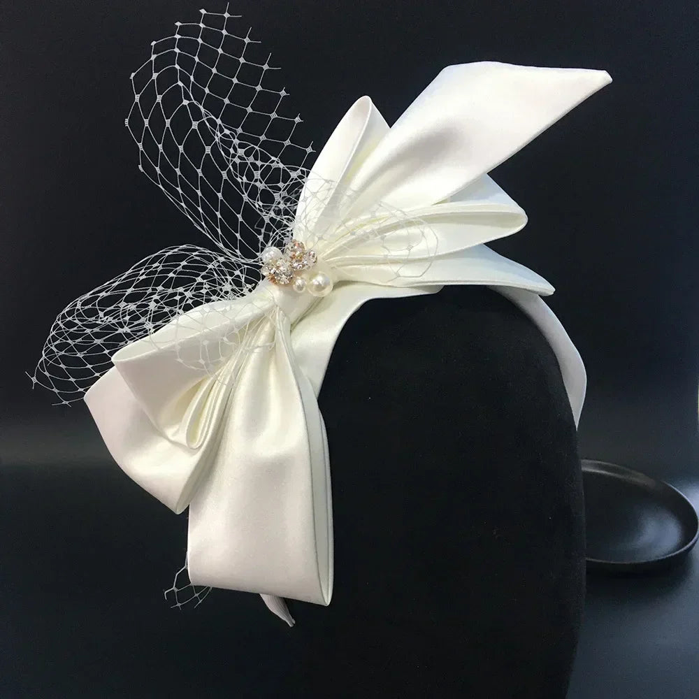 Bridal Headbands For Women Satin Mesh Bow Fascinator Wedding Hairband With Blusher Veils Elegant Party Bride Hair Accessories as shown