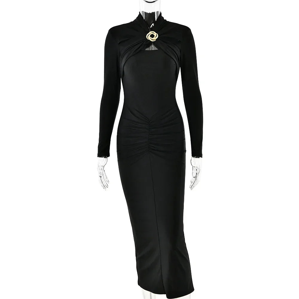 Long Sleeved Pleated Hollowed Out Maxi Dress
