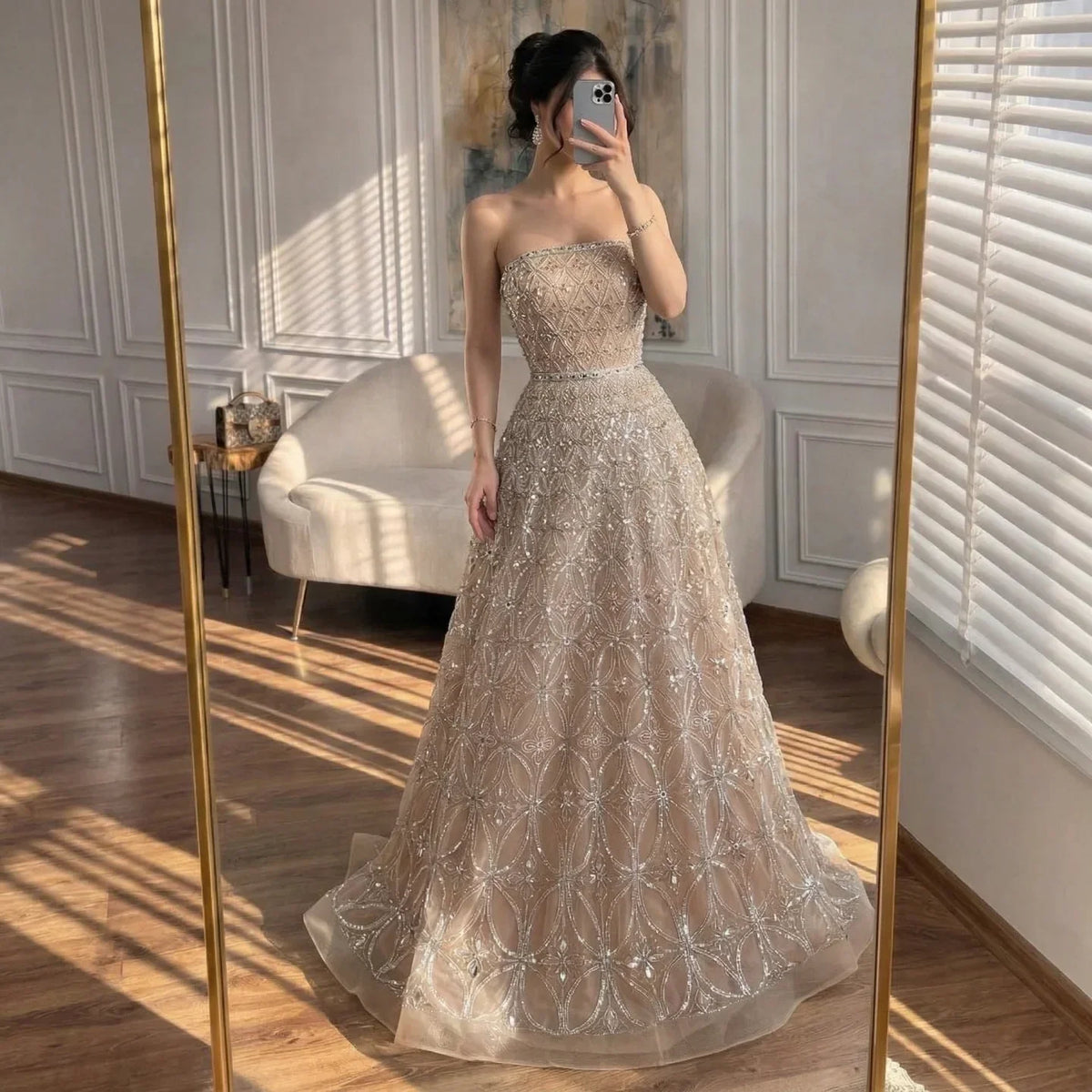 Zapdress Customized 2026 Caramel Strapless A Line Beaded Evening Prom Dresses Elegant Party Gowns for Women (ZD17386) - VelvetHem