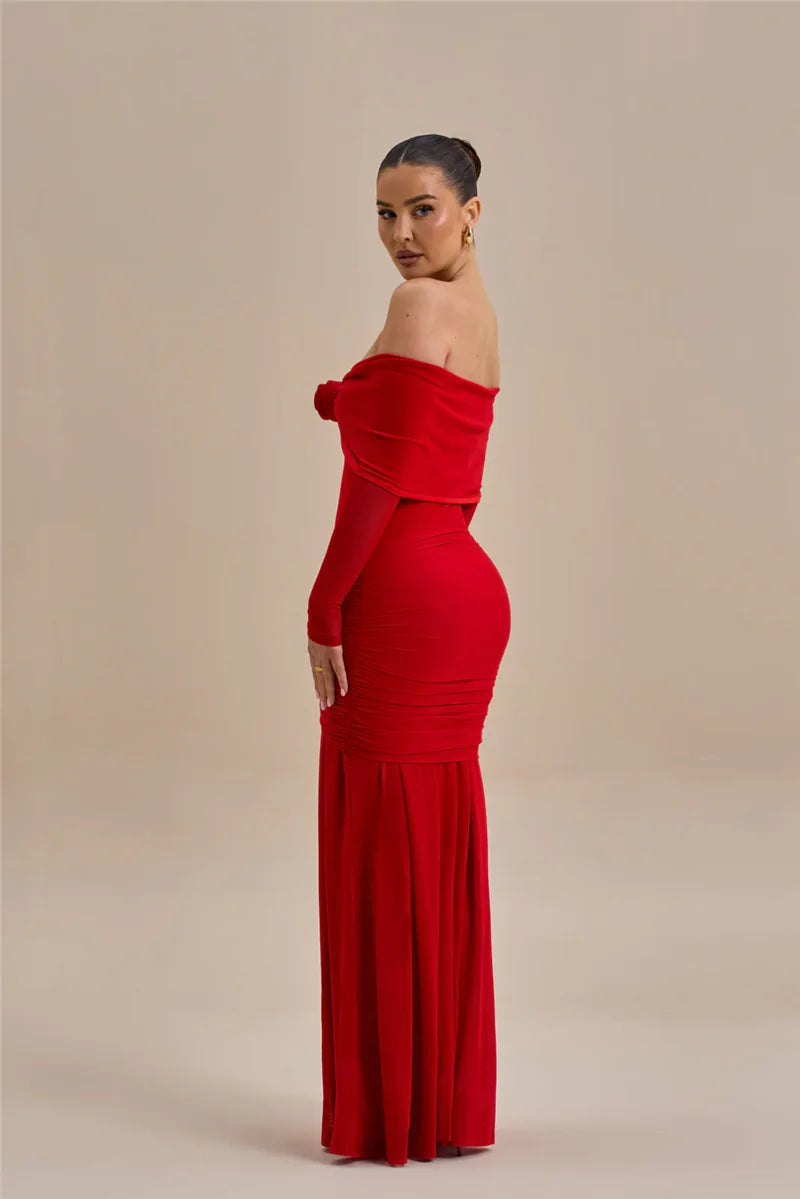 Off - shoulder Strapless Rose Long Sleeve Dress