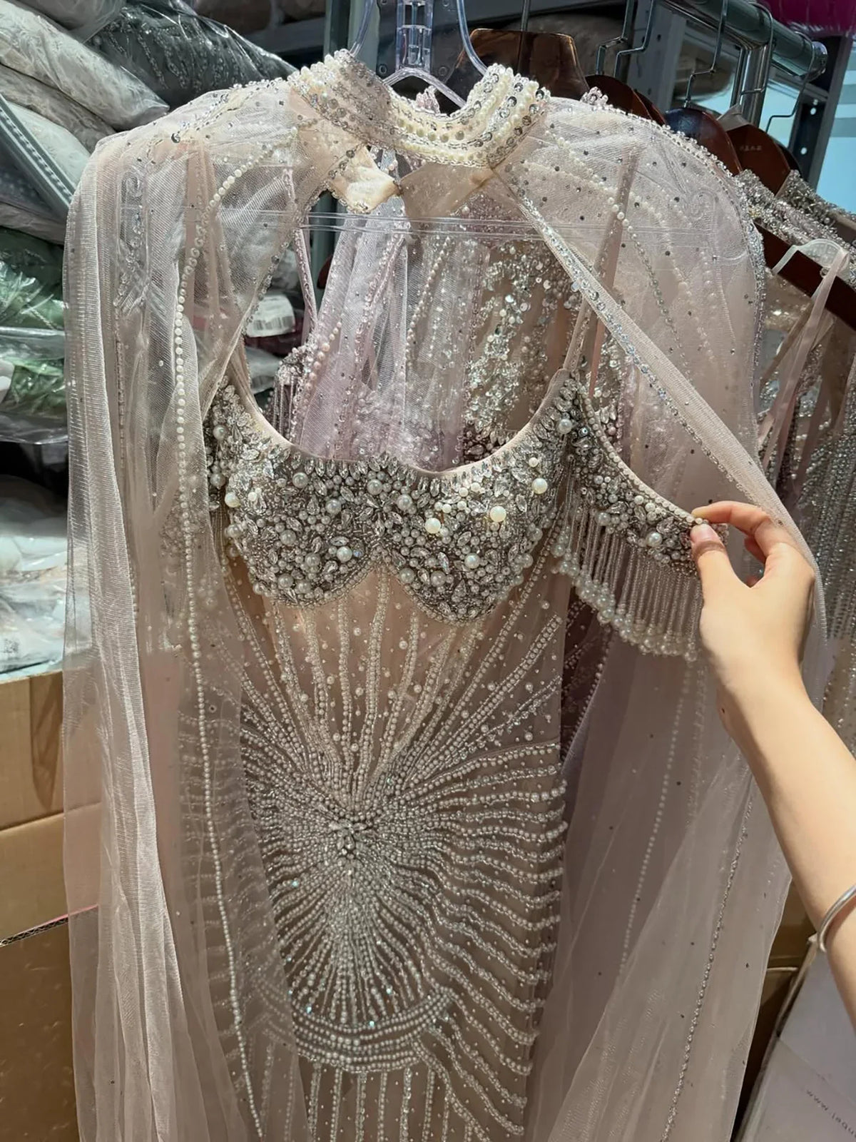 Zapdress Caramel Pearl Beaded Illusion Mermaid Evening Gown 2026 Party Dresses with Sheer Cape DLA73148C Customized (ZD17234) - VelvetHem